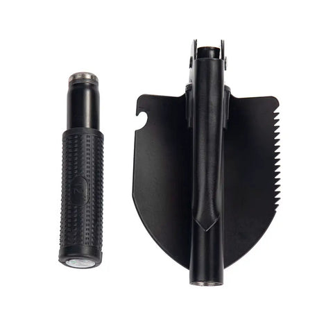 Folding Survival Shovel For Camping And Trekking, All In One Entrenching Tool shown folded with durable metal handle