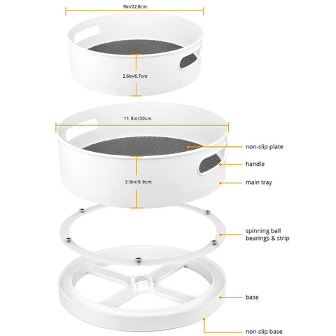 Exploded view of 360 Degree Rotating Lazy Susan Turntables Two Size Pack 9 Inch And 12 Inch For Kitchen Cabinets Pantries Under Sink Countertops Cupboards Non Slip Spice Rack Refrigerator Storage Organizer showing components like non-slip base and spinning bearings.