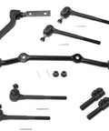 8 Piece Beefed Up Steering Kit With Inner And Outer Tie Rod Ends Idler Arm Center Drag Link And Left And Right Tie Rods Mechanics Choice For Rear Wheel Drive SUVs And Trucks Replacement Fitment For 1995 Blazer, eight black steel steering parts laid out