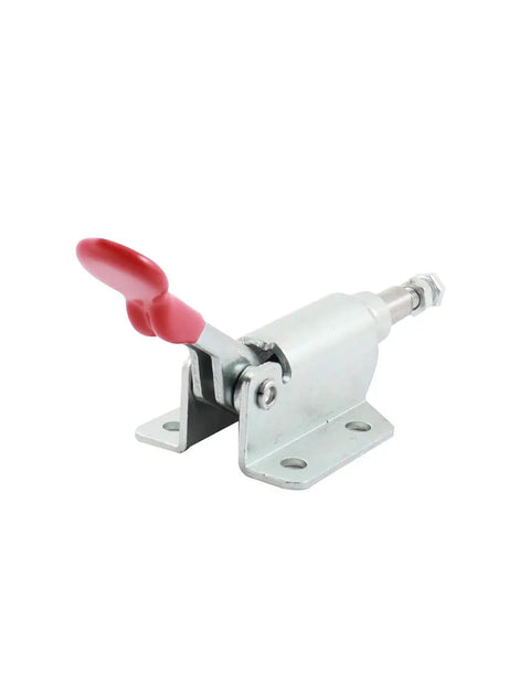 Rugged Push Pull Toggle Clamp Red Handle 50 Kg Capacity 110 Lbs Holding 66 Degree Opening 10mm Stroke Metal And Plastic Construction Model GH-36070 Built To Last For Jigs And Fixtures on metal base