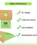 Diagram showing 22 Pack Vacuum Bags Replacement For Oreck Canister Vacuum Models BB180 BB280 BB850 BB870 BB880 BB900 BB1000 BB1100 BB1200 CC1600 Type BB with benefits like no leakage, protection, easy installation, and strong filtration.