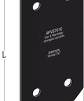 Diagram showing Avant Collection 5 Inch By 9 3 4 Inch ZMAX Black Powder Coated Strap for 6x Lumber with chamfered corners and four holes.