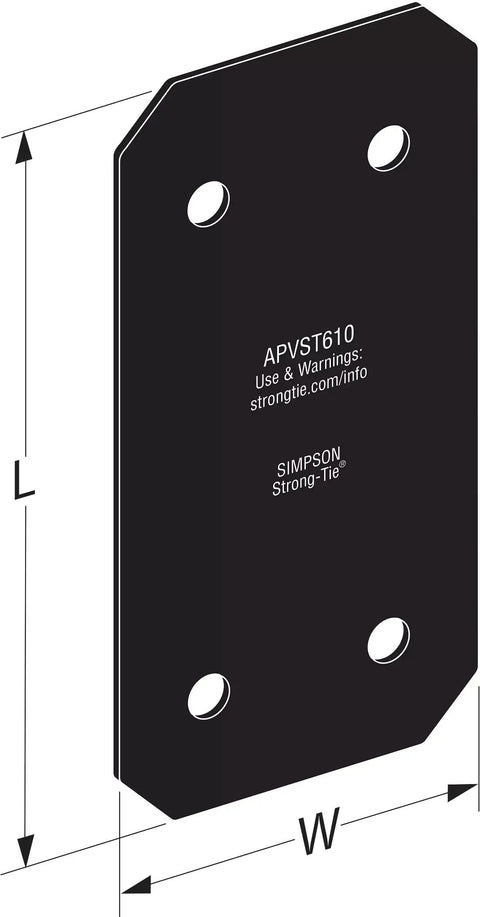 Diagram showing Avant Collection 5 Inch By 9 3 4 Inch ZMAX Black Powder Coated Strap for 6x Lumber with chamfered corners and four holes.