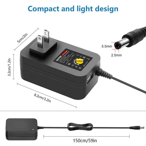All In One 30W Adjustable Power Supply Adapter For Gadgets, 3V To 12V Output With 5V 2.1A USB Port, showing dimensions