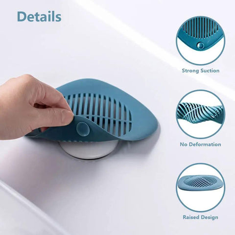 Hand holding Hair Catcher 2 Pack Silicone Drain Catchers For Kitchen Sink Bathroom Tub Easy To Install No Fuss Durable Odor Free 5.5 Inch Flexible Silicone Keeps Hair Out Of Drain over a drain.