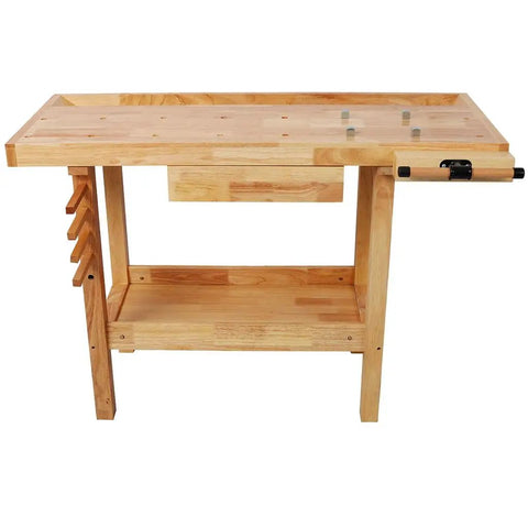 48 Inch Heavy Duty Workbench With 330 Pound Capacity Solid Rubber Wood Construction Drawer Storage And Shelves Adjustable Handle