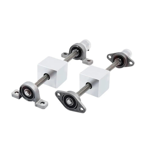 3D Printer Lead Screw T8 8Mm OD 2Mm Pitch with Horizontal Nut Set. Two lead screws with mounted nuts, visible from an overhead angle.