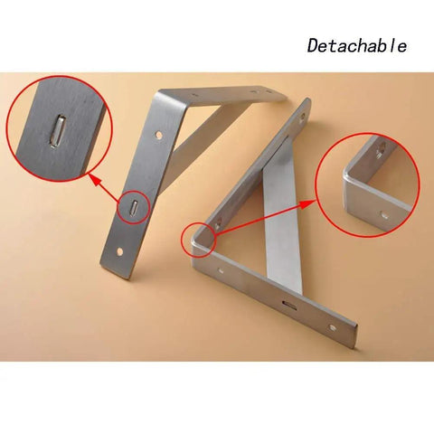 Heavy Duty Stainless Steel Shelf Brackets for Wall Mounted Corner Support showing detachable design and bracket details.