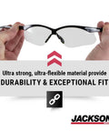 Hella Comfortable Bifocal Safety Glasses With 2.5 Magnification For Men And Women, showing flexible material and snug fit.