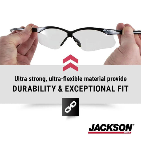 Hella Comfortable Bifocal Safety Glasses With 2.5 Magnification For Men And Women, showing flexible material and snug fit.