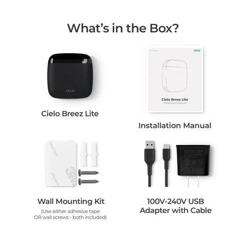 Box contents of Smart AC Controller for Mini Split, Window, and Portable ACs with manual, mounting kit, and USB adapter.