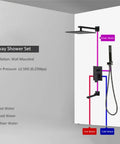 Illustration of UMJIGF Shower System Wall Mounted Concealed Shower Faucet Set with 3-way water outlet and installation details.