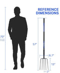 Five-Tine Pitchfork For Gardening 57-Inch Heavy Duty Garden Fork With Fiberglass Handle beside silhouette for size reference.