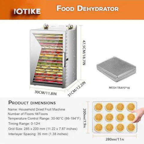 Top Shelf Electric Food Dehydrator Built Tough From Heavy Duty Stainless Steel With Six Roomy Trays, showcasing colorful food layers.
