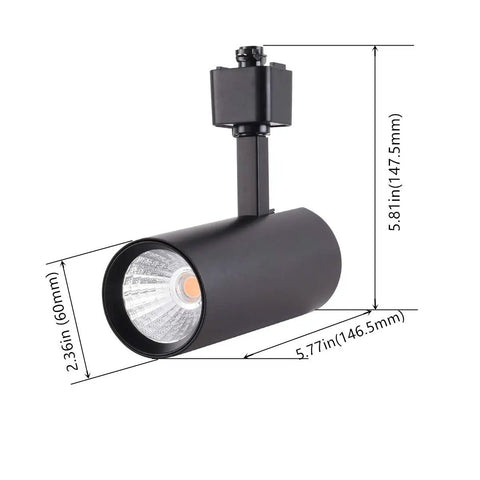Six Pack 16.5W Dimmable LED Track Lighting Heads, 1200lm Each, 24 Degree Beam, Black Finish, side view with dimensions