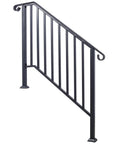 Top Shelf Three Step Outdoor Handrail, Black Metal Stair Railing Kit With Curved Wrought Iron Balusters shown from the side.
