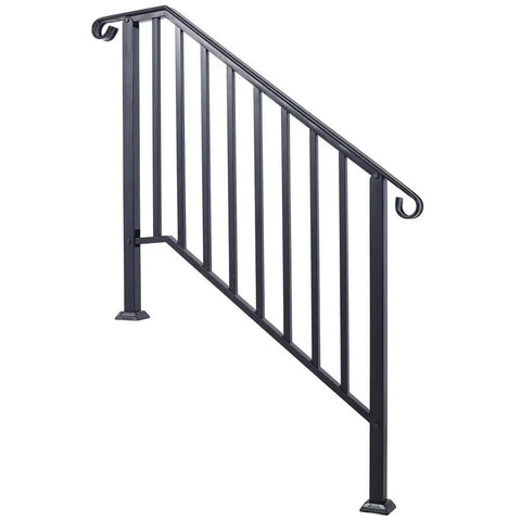 Top Shelf Three Step Outdoor Handrail, Black Metal Stair Railing Kit With Curved Wrought Iron Balusters shown from the side.