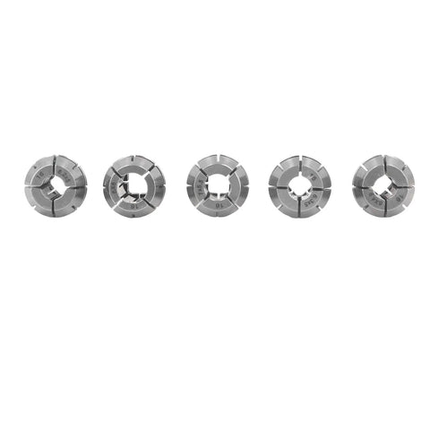 Collet Chuck Set For CNC Lathes And Milling Machines, 5-piece D6 to D8 range in precision spring steel, displayed in a row.