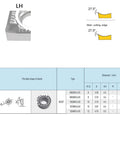 Front view of RCGT round milling insert, left-hand LH orientation, 27.5° cutting edge, 10-piece set.