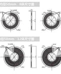 Ultraslim PCB pancake slip ring technical drawing showing a 50mm diameter with 6 and 12 circuits, designed for automation.