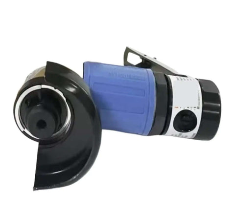 Heavy Hitting Pneumatic Angle Die Grinder Air Powered Compact Workhorse Adjustable Power Regulator close-up view showing the black head and blue body.