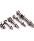 Six stainless steel hex bolts with nuts and flat and lock washers set (full-thread)