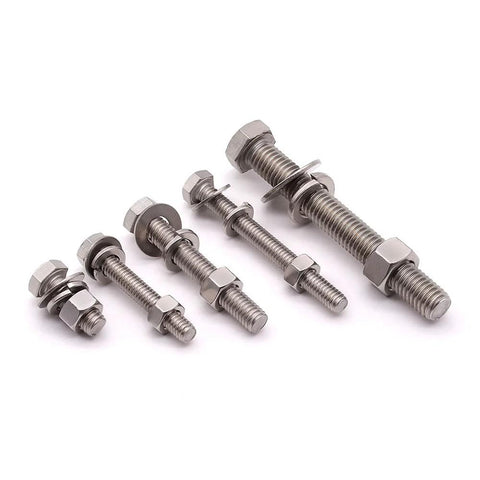 Six stainless steel hex bolts with nuts and flat and lock washers set (full-thread)