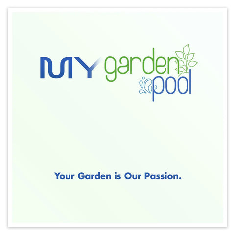 Logo of My Garden Pool with the tagline 'Your Garden is Our Passion' in blue and green leaf design.