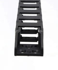 Close-up of black plastic drag chain cable carrier, 10x15mm open type for 3D printer and CNC router, wire management solution.