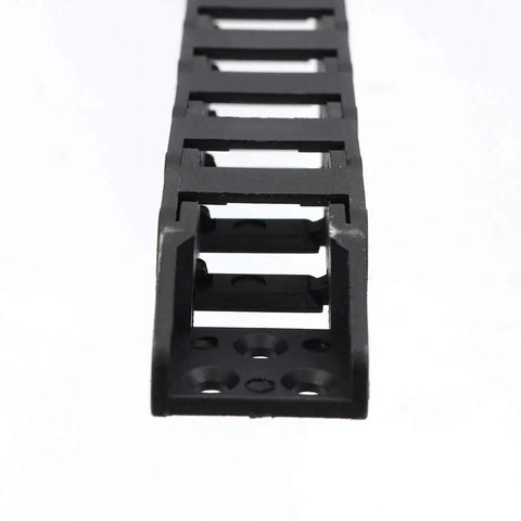 Close-up of black plastic drag chain cable carrier, 10x15mm open type for 3D printer and CNC router, wire management solution.