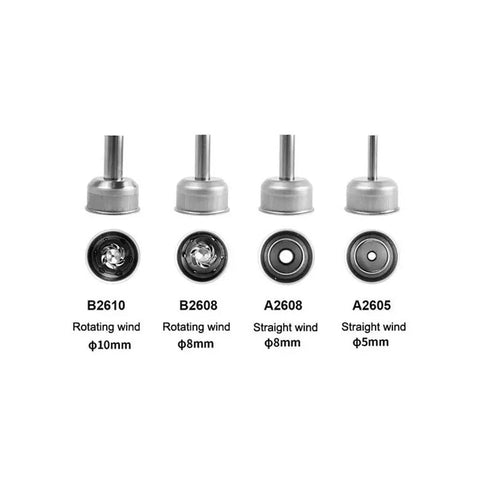 Nozzle tips for Beefy 1000W Soldering And Hot Air Rework Station With Three Independent Channels, labeled by size and airflow type.