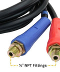 Close-up of 12 Foot Air Line Hose Assembly With Flexible Grips And 1/2 Inch Npt Fittings Red And Blue End Fittings Sae J1402
