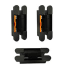 Real Quick And Easy Concealed Hydraulic Hinge With Three Way Tweaks And Silky Soft Close Action Swinging Up To Two Hundred Pounds For Smooth Flush Kitchen Doors In Heavy Duty Black viewed from multiple angles.