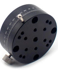 Ultra-Precise Rotary Fine Adjustment Stage with slick knob feed, anodized aluminum platform REG60, top view showing holes and scale.