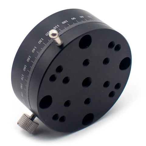 Ultra-Precise Rotary Fine Adjustment Stage with slick knob feed, anodized aluminum platform REG60, top view showing holes and scale.