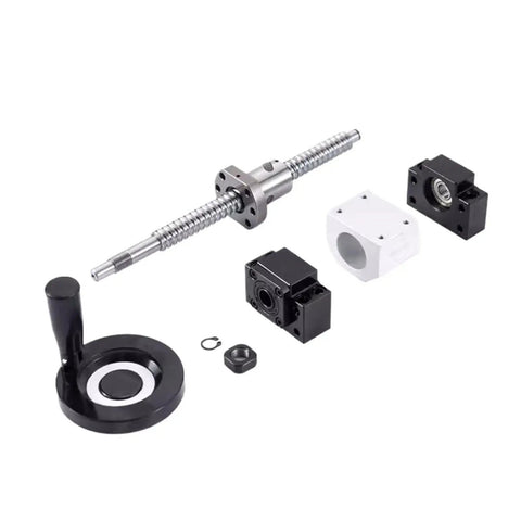 Built Tough Dfu2005 Ball Screw Nut Kit components including screw, blocks, and handle for CNC applications.