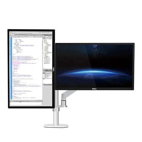 Slick Full Motion Monitor Mount Arm With Smooth Gas Strut Glide Heavy Duty Aluminum Desk Holder Featuring No Sweat Quick Setup And Built In Cable Routing For Ergonomic Crisp Workspace Vibes Up To 32 Inches, dual monitors, one displaying code.