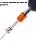 Kickass Six Piece PH2 Magnetic Drywall Screw Bit Set With Exact Depth Stop Collar For Sheetrock Gypsum Plasterboard Heavy Duty Professional Grade Install Tool Kit, close-up of quick change bit holder with orange grip