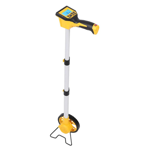 Fafeicy Digital Display Measuring Wheel with Backlit Screen in yellow and black, showing a bright screen, ideal for precise measurements.