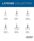 Latrobe Collection 1 light clear glass coastal pendant light in matte black, size details shown, modern farmhouse style.