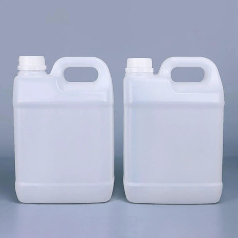 Two white heavy duty HDPE water containers with handles and lids tamper cover, ideal for oils, dyes, and DIY projects.