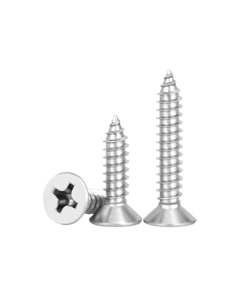 Heavy Duty 304 Stainless Steel Flat Head Phillips Self Tapping Screws Size 12 By 1 Inch for Sheet Metal and Wood, showing three screws.