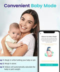 Woman holding a baby next to a smartphone displaying smart scale's baby mode instructions