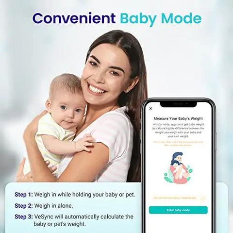 Woman holding a baby next to a smartphone displaying smart scale's baby mode instructions
