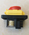 Emergency Stop Pushbutton Switch 120V 16A Waterproof IP54 with Undervoltage and Overload Protection, yellow and red housing.