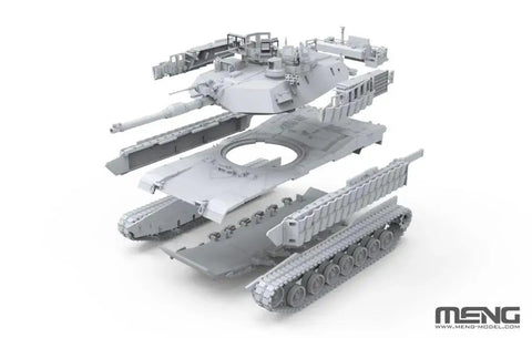 Exploded view of 1/72 M1A2 SEP Abrams TUSK II Ready To Assemble Model Kit With Photo Etched Parts, Includes English Instructions, Glue And Paint Not Included, Totally Detailed Modern Army Tank Build For Hobbyists.