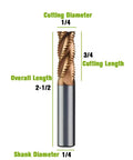 Front view of carbide roughing end mill, 1/4 in cutting dia, 4-flute, 2-1/2 in OAL, 1/4 in shank.