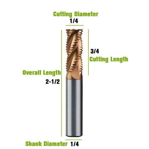 Front view of carbide roughing end mill, 1/4 in cutting dia, 4-flute, 2-1/2 in OAL, 1/4 in shank.