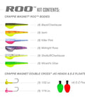 Roo Kit 62 Piece Crappie Fishing Kit With Shad Mimic Lures Shad Belly Design And Split Tail For Irresistible Bites Plus Scent Holding Pouch To Boost Catch Rate Made In USA Designed To Attract Crappie In Freshwater Lakes And Ponds For Serious Catch Rates contents with multiple lure colors.