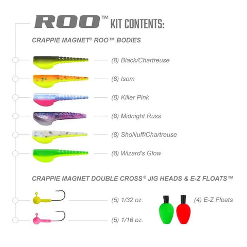 Roo Kit 62 Piece Crappie Fishing Kit With Shad Mimic Lures Shad Belly Design And Split Tail For Irresistible Bites Plus Scent Holding Pouch To Boost Catch Rate Made In USA Designed To Attract Crappie In Freshwater Lakes And Ponds For Serious Catch Rates contents with multiple lure colors.